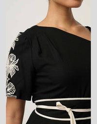 Elodie One Shoulder Embroidery Dress Black