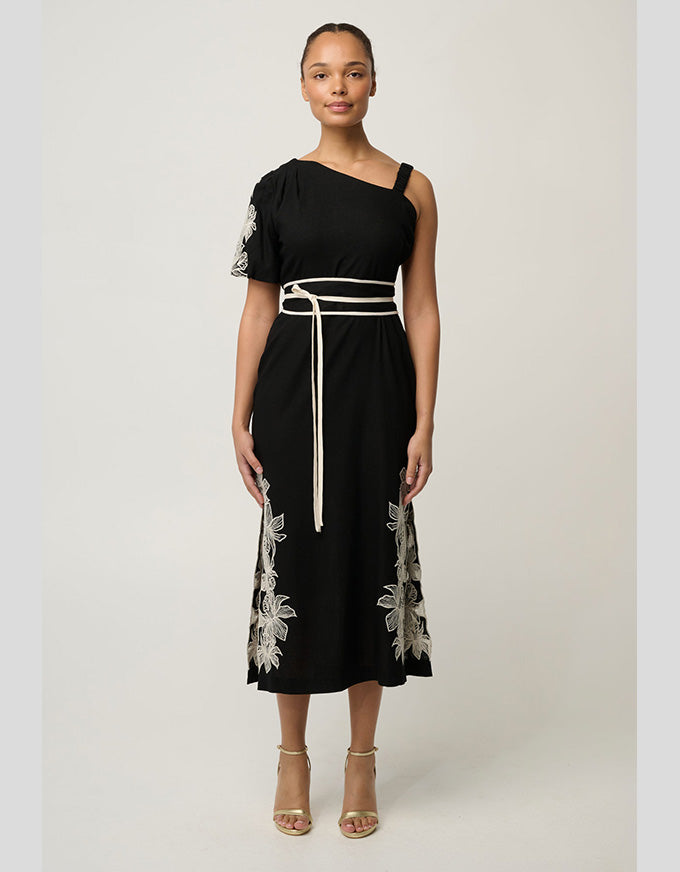Elodie One Shoulder Embroidery Dress Black