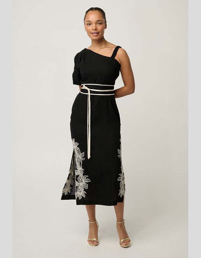 Elodie One Shoulder Embroidery Dress Black