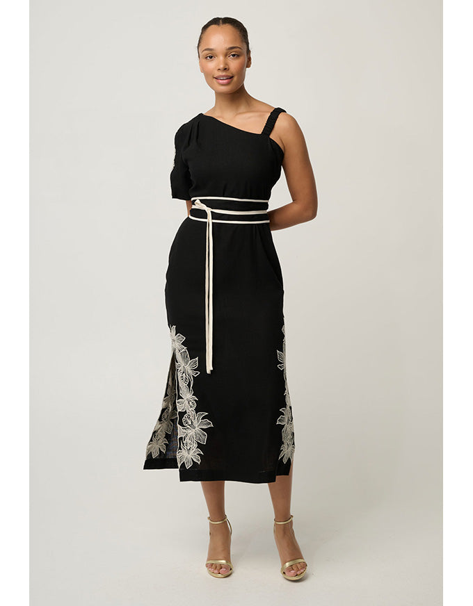Elodie One Shoulder Embroidery Dress Black