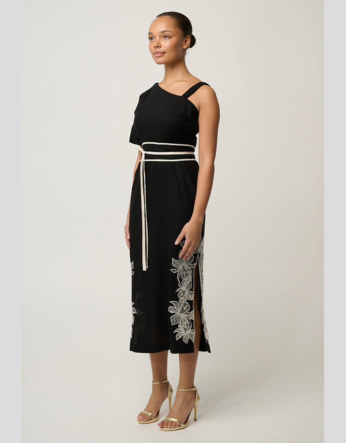 Elodie One Shoulder Embroidery Dress Black