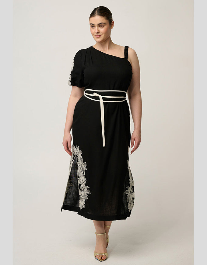 Elodie One Shoulder Embroidery Dress Black