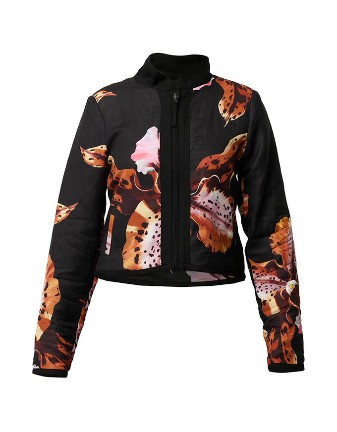 A black zip-up jacket featuring a bold abstract print in orange, brown, and pink, displayed on a clean white background.