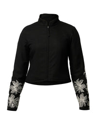 A black cropped zip-up jacket with a stand collar and white floral embroidery on the lower sleeves, shown against a plain white background.
