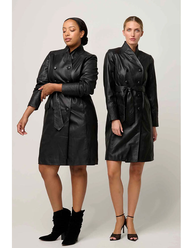 Leighton Leather Double Breasted Coat Onyx