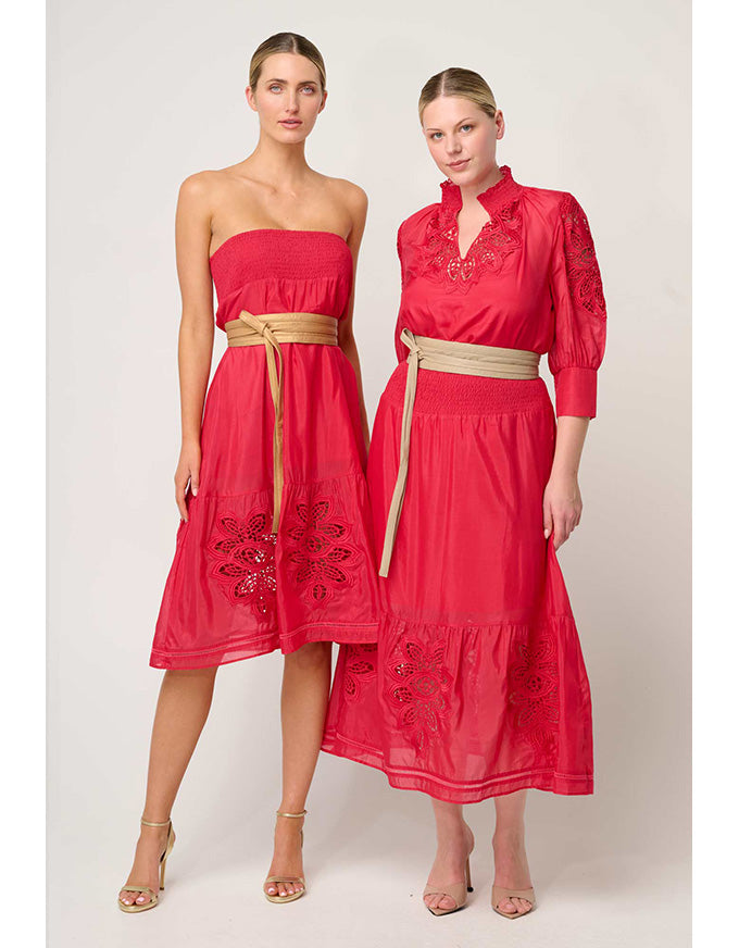 Cordelia Shirred Silk Cotton Skirt Ruby