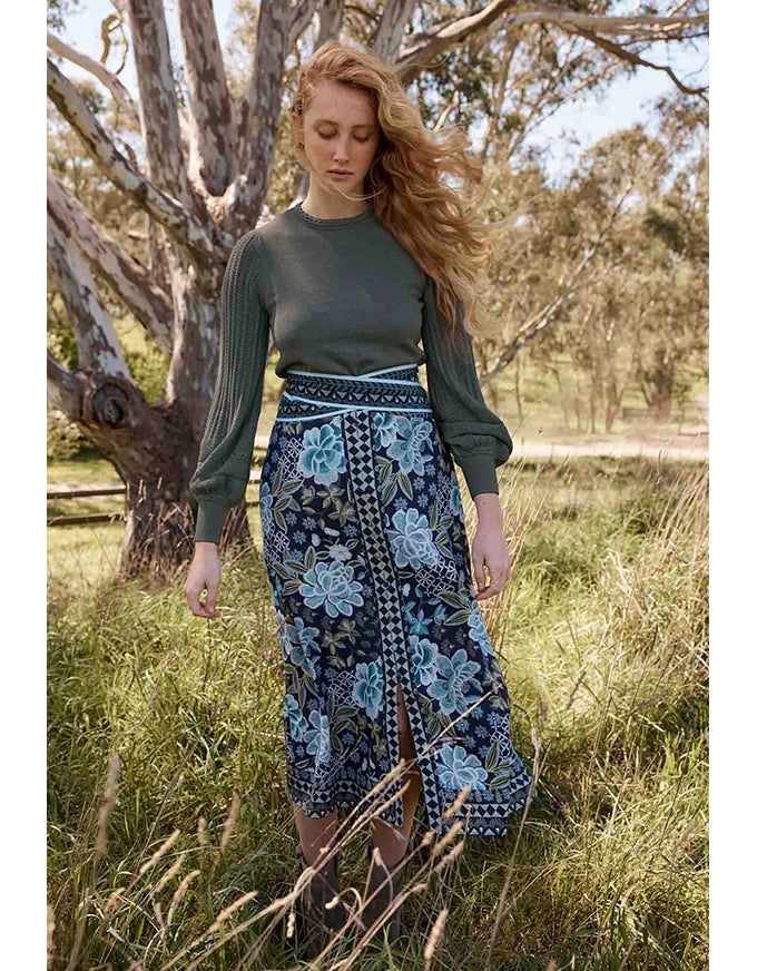 Harper Viscose Dobby Skirt in Dahlia Fields