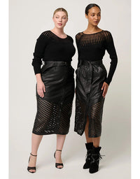 Hypnotic Leather Custom Laser Midi Skirt Black Lattice