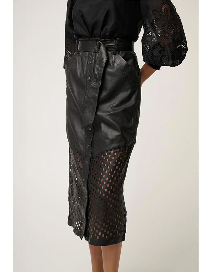 Hypnotic Leather Custom Laser Midi Skirt Black Lattice