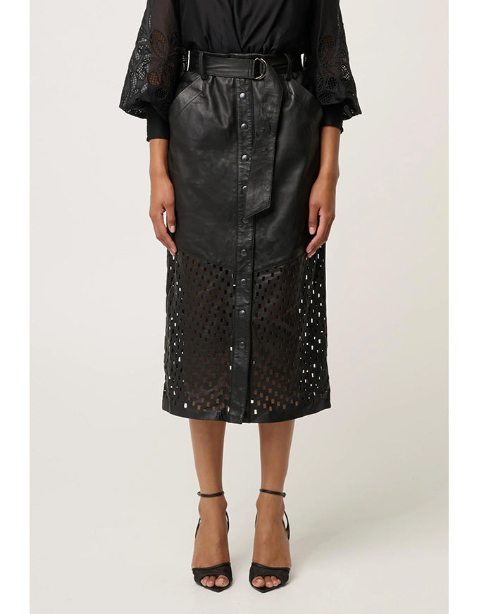 Hypnotic Leather Custom Laser Midi Skirt Black Lattice