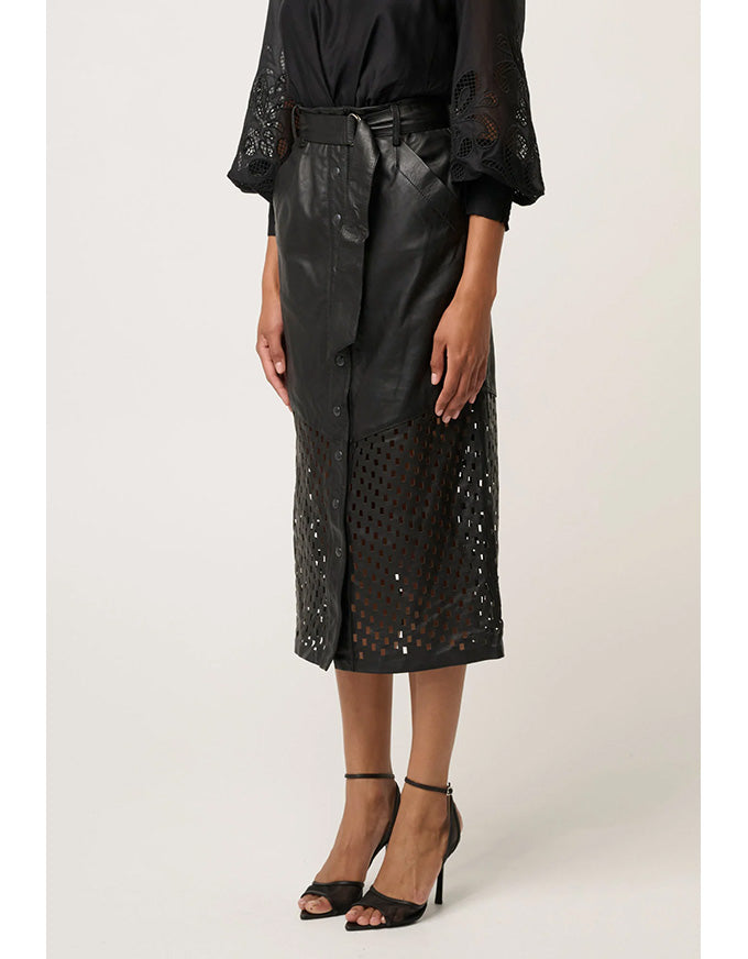 Hypnotic Leather Custom Laser Midi Skirt Black Lattice