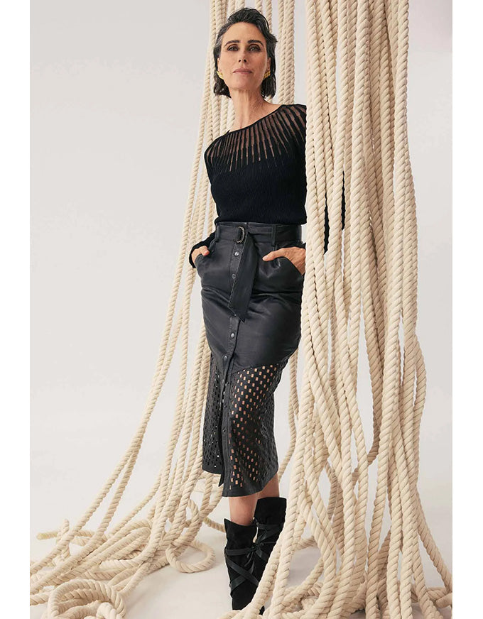 Hypnotic Leather Custom Laser Midi Skirt Black Lattice
