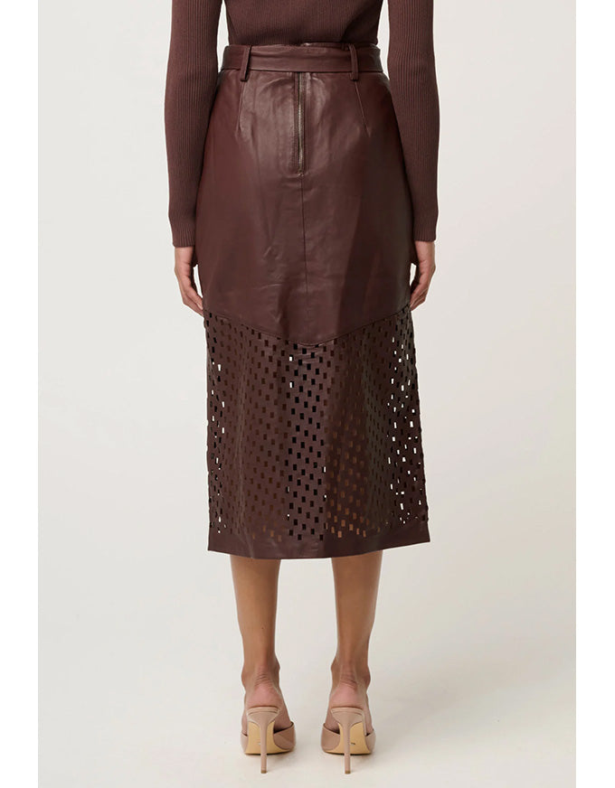 Hypnotic Leather Custom Laser Midi Skirt Oxblood Lattice