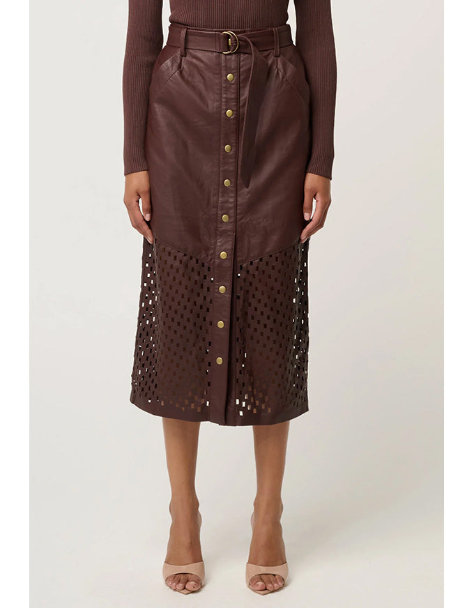 Hypnotic Leather Custom Laser Midi Skirt Oxblood Lattice
