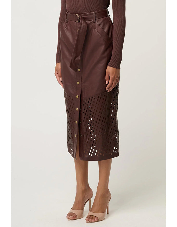 Hypnotic Leather Custom Laser Midi Skirt Oxblood Lattice