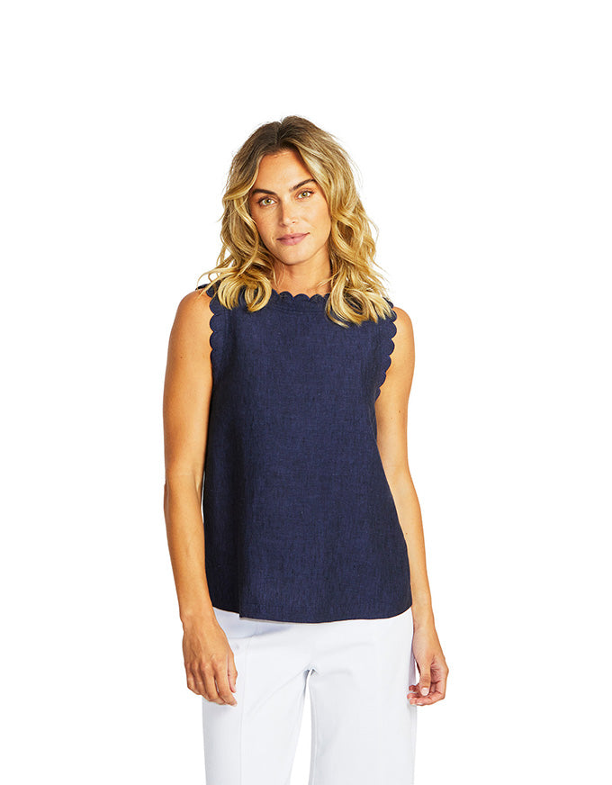 Lucy Linen Scallop Top Navy