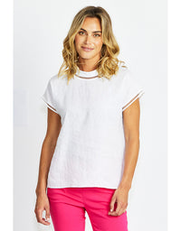 Jade Linen Trim Top White