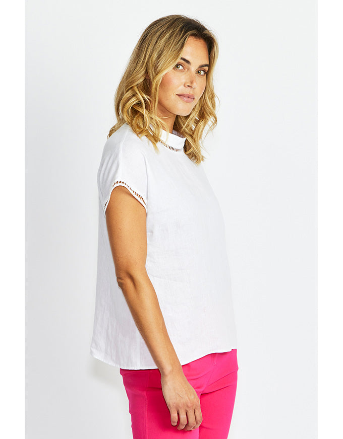 Jade Linen Trim Top White