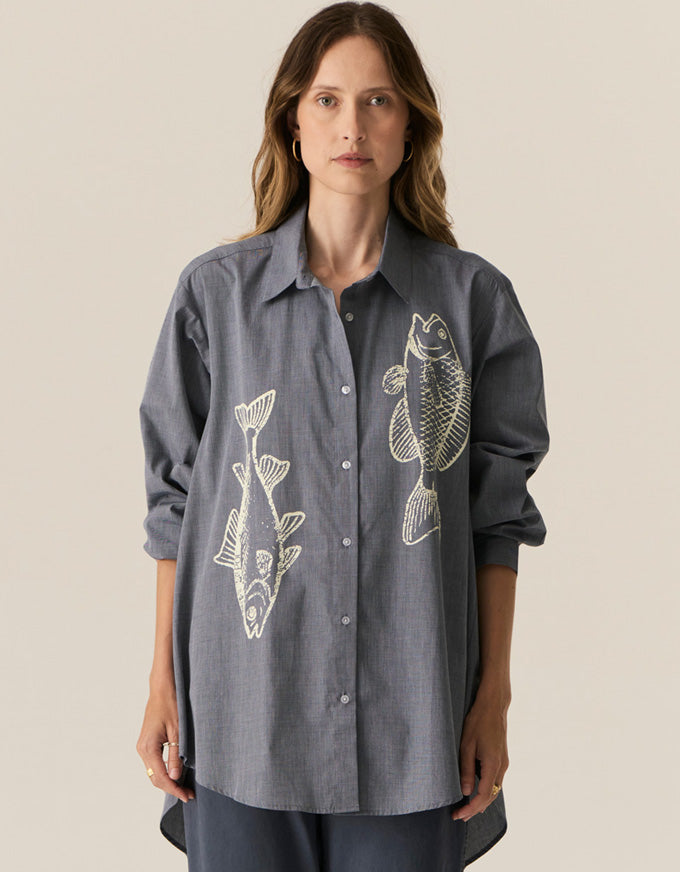 Cassis Fish Shirt Denim/Pebble