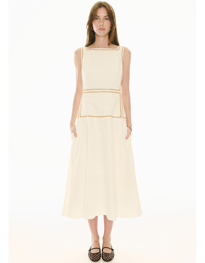 Marlin Raffia Trim Dress Ivory