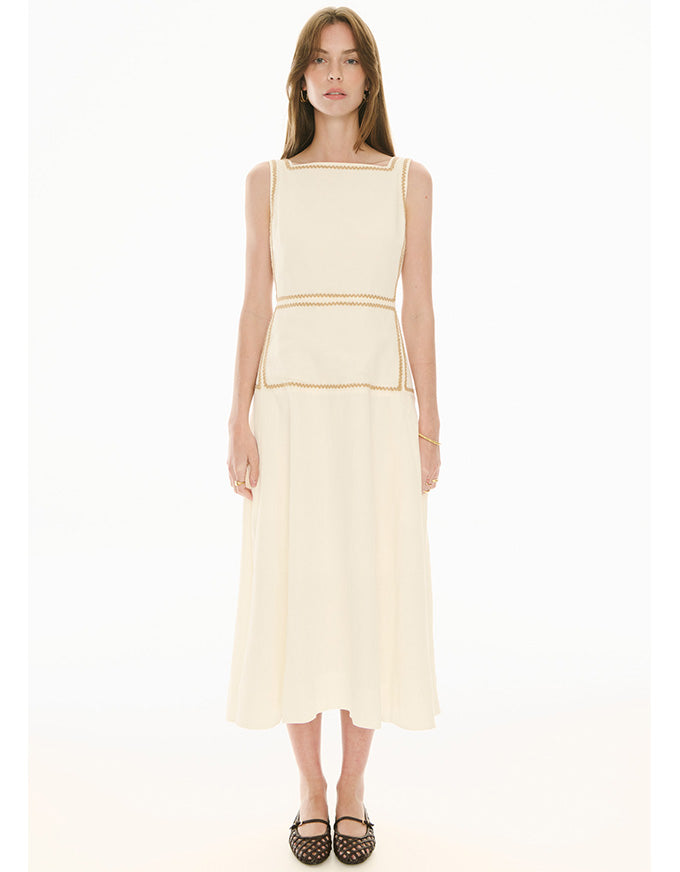Marlin Raffia Trim Dress Ivory