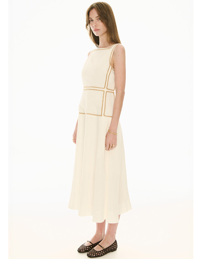 Marlin Raffia Trim Dress Ivory