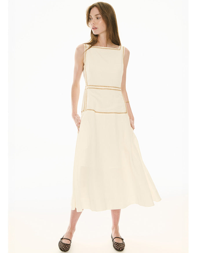 Marlin Raffia Trim Dress Ivory