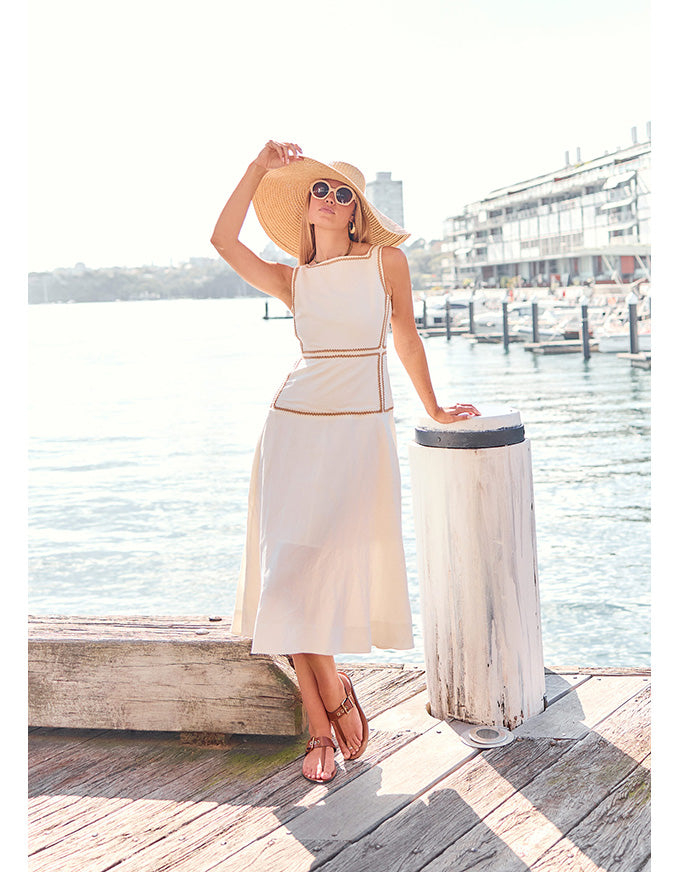 Marlin Raffia Trim Dress Ivory