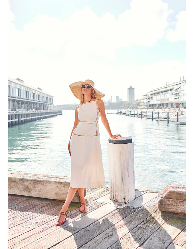 Marlin Raffia Trim Dress Ivory