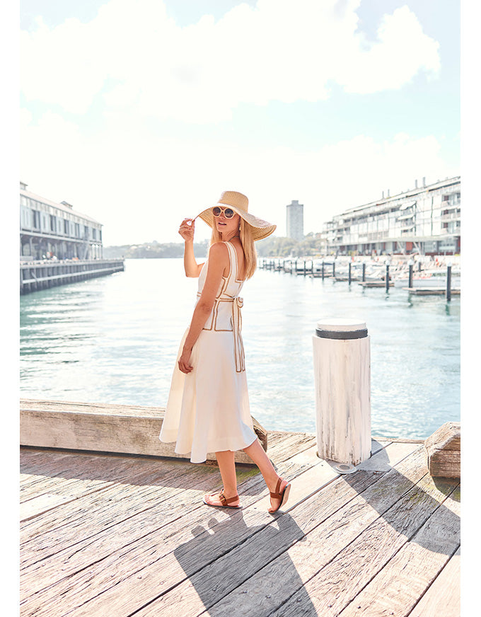 Marlin Raffia Trim Dress Ivory