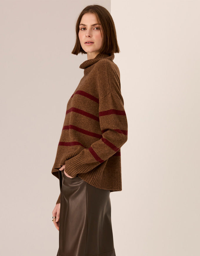 POL Astor stripe knit sweater in toffee and wine with horizontal stripes and relaxed high neck