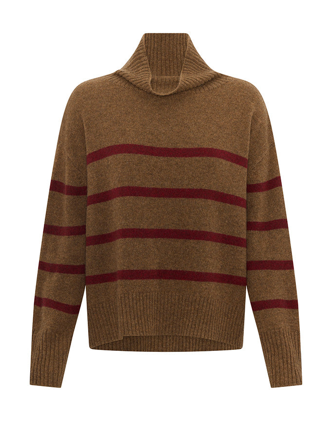 POL Astor stripe knit sweater in toffee and wine with horizontal stripes and relaxed high neck