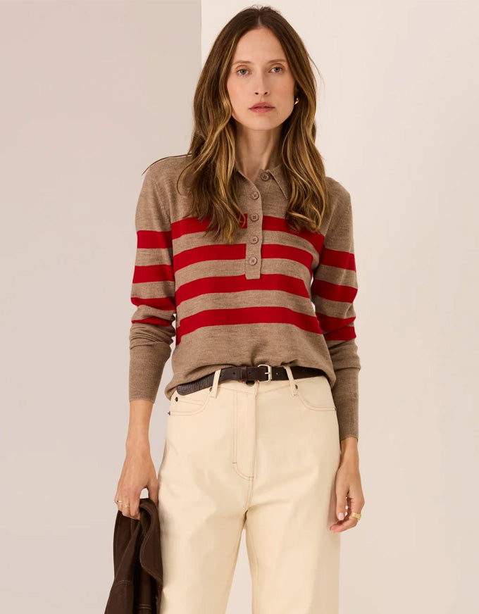 Meira Stripe Polo Knit Cedar/Red