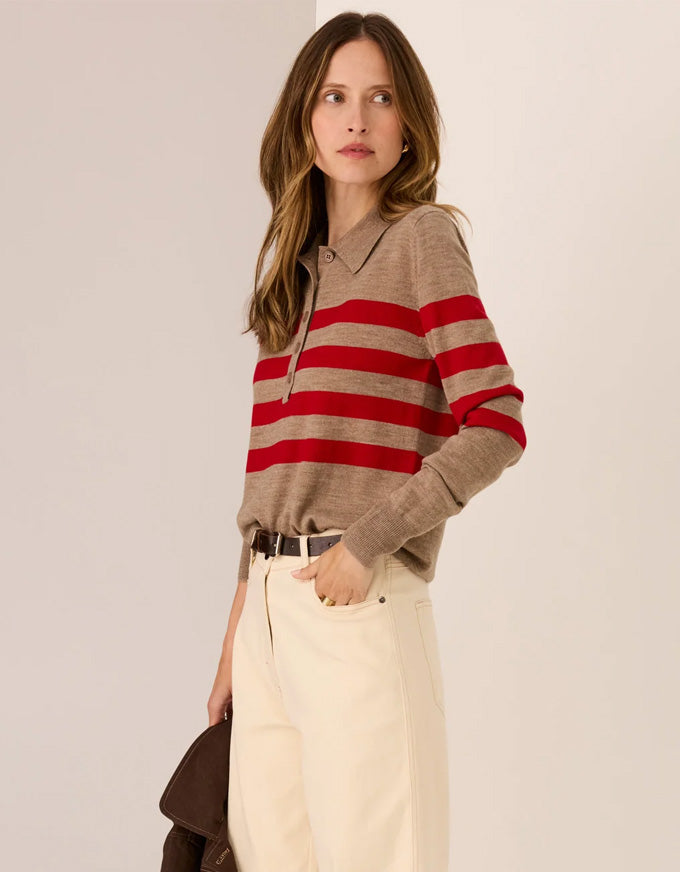 Meira Stripe Polo Knit Cedar/Red