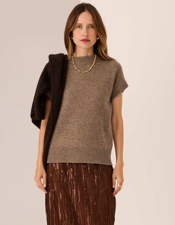 POL Astor turtleneck knit tee in cedar with short sleeves and soft knit texture