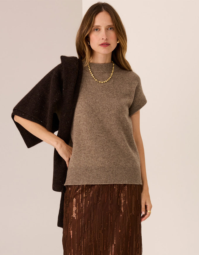POL Astor turtleneck knit tee in cedar with short sleeves and soft knit texture