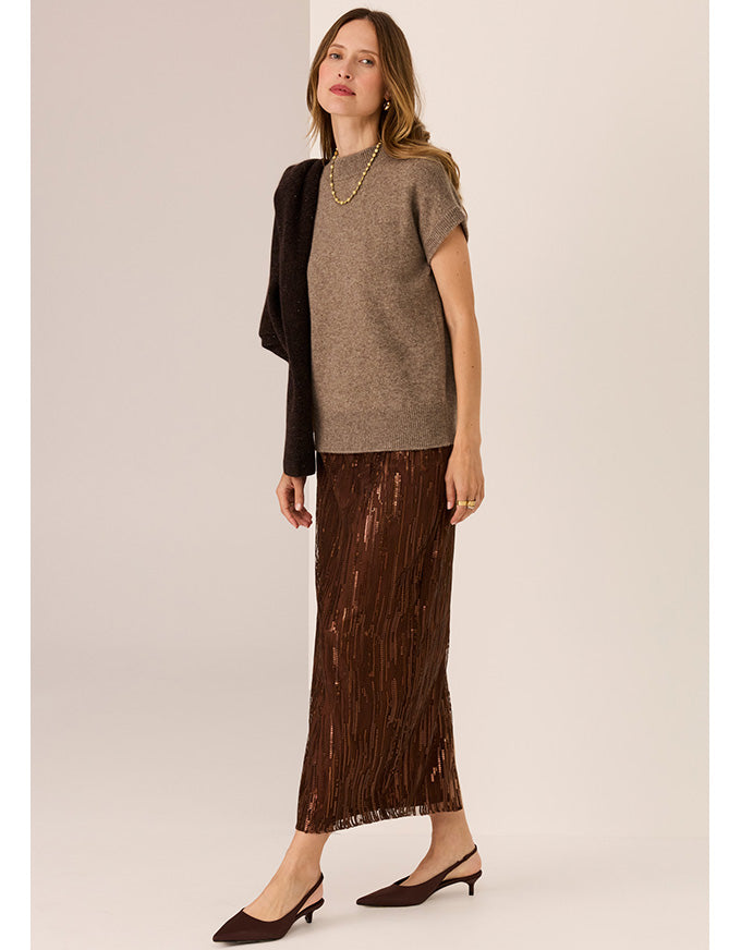 POL Astor turtleneck knit tee in cedar with short sleeves and soft knit texture