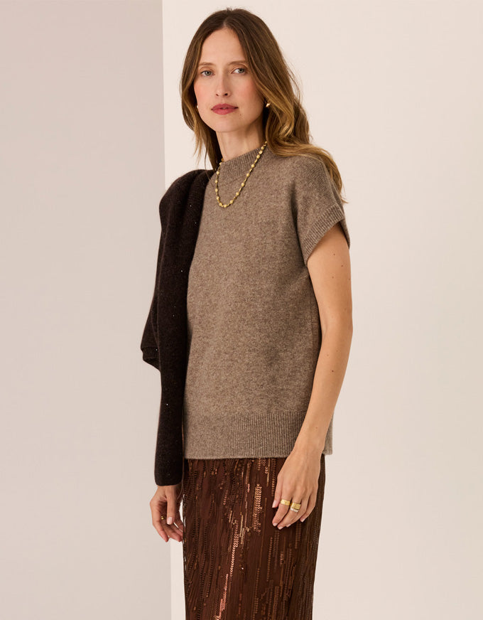 POL Astor turtleneck knit tee in cedar with short sleeves and soft knit texture