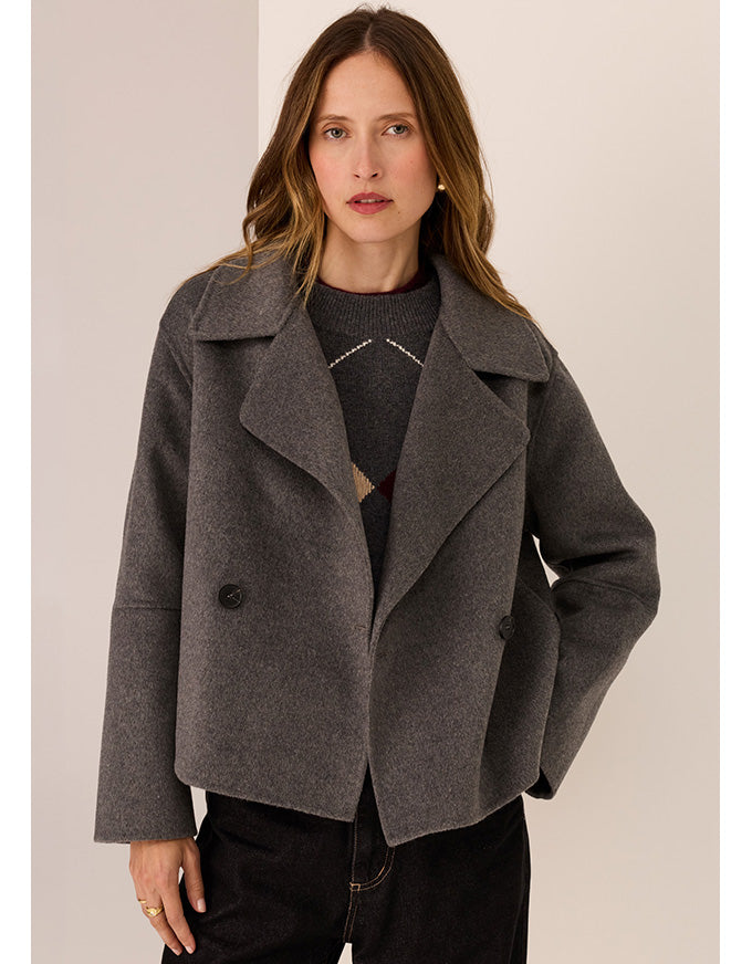 POL Cohen cropped wool coat in charcoal with double-breasted front and wide lapel collar