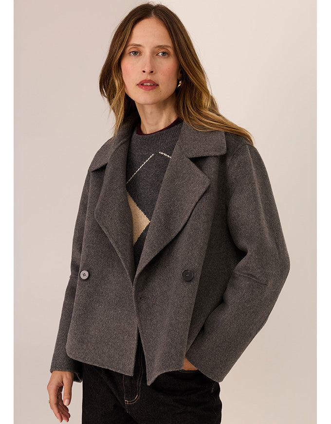 POL Cohen cropped wool coat in charcoal with double-breasted front and wide lapel collar