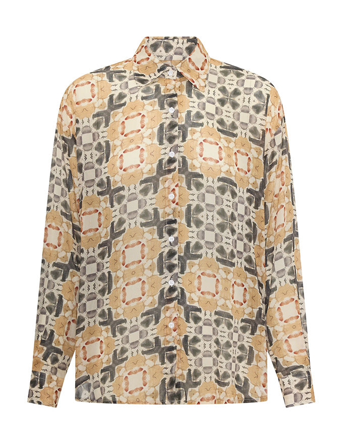 Long-sleeve shirt with a geometric pattern on a white background