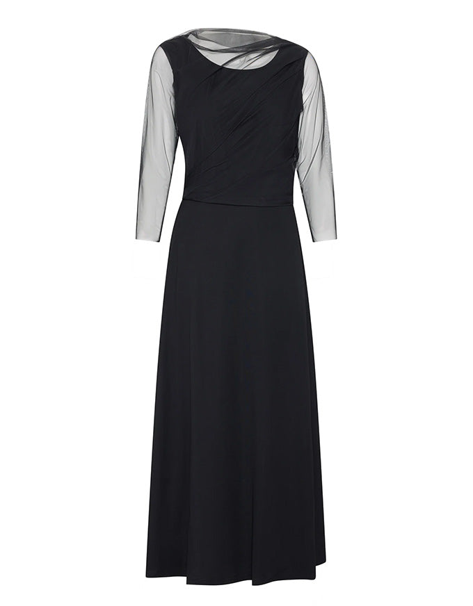 Black dress with sheer sleeves on a white background