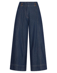 A pair of dark blue wide-leg denim pants with decorative brown buttons on the front waistband, displayed against a solid white background.