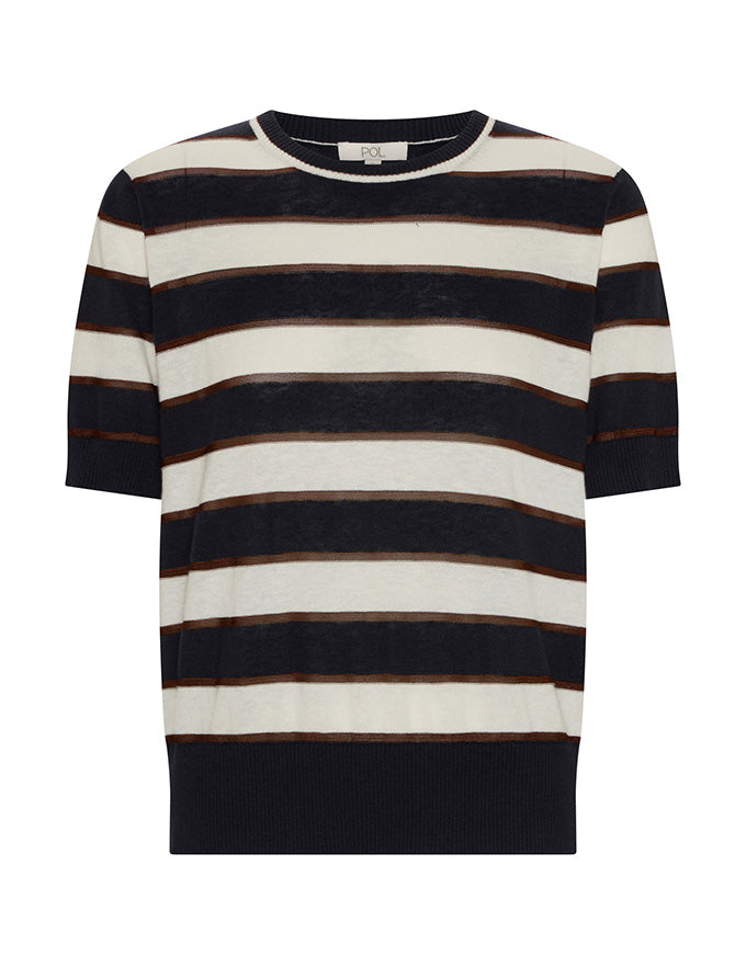 A short-sleeve knit sweater with horizontal stripes in navy blue, cream, and thin brown lines, shown against a plain white background.
