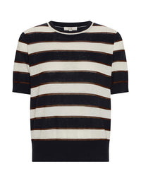 A short-sleeve knit sweater with horizontal stripes in navy blue, cream, and thin brown lines, shown against a plain white background.