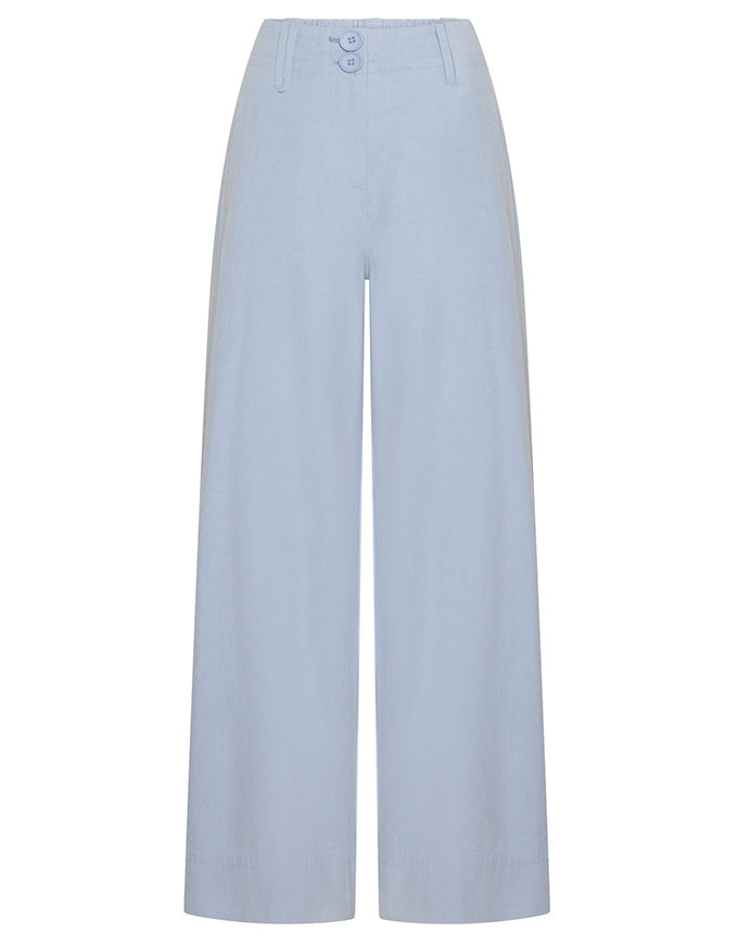 Light blue wide-leg cropped pants with a buttoned waistband, shown on a plain white background.