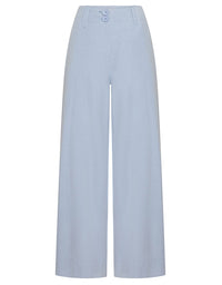 Light blue wide-leg cropped pants with a buttoned waistband, shown on a plain white background.
