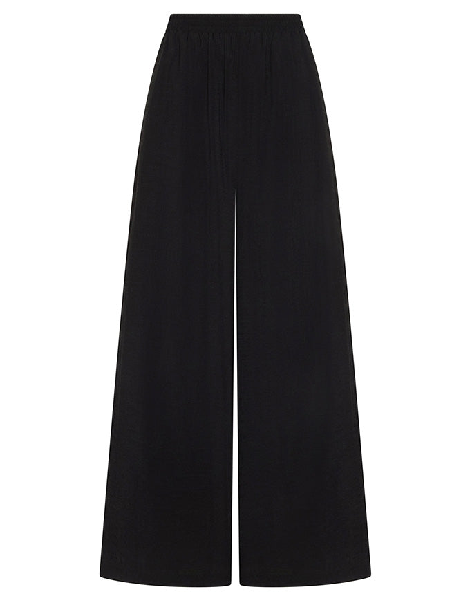 Black wide-leg cropped pants with an elastic waistband, shown flat against a solid white background.