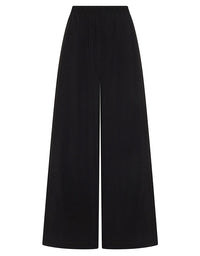 Black wide-leg cropped pants with an elastic waistband, shown flat against a solid white background.