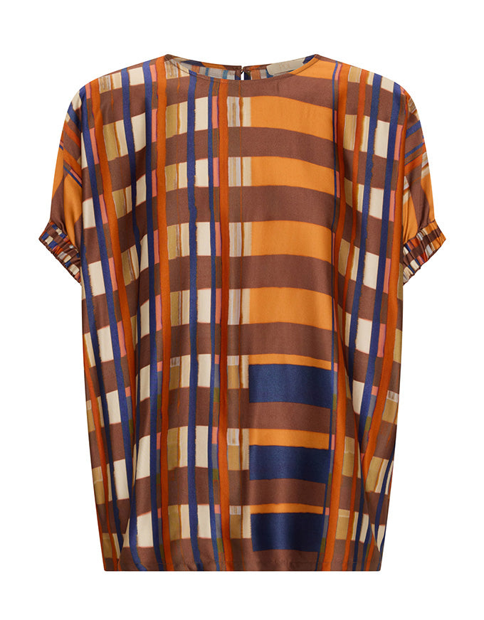 A short-sleeve top with an abstract vertical stripe pattern in orange, brown, navy blue, beige, and white, displayed on a clean white background.